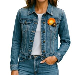 GARAGE Crop Jean Jacket Upcycled Fray Trim Crochet Flower Appliqué Blue Boho S